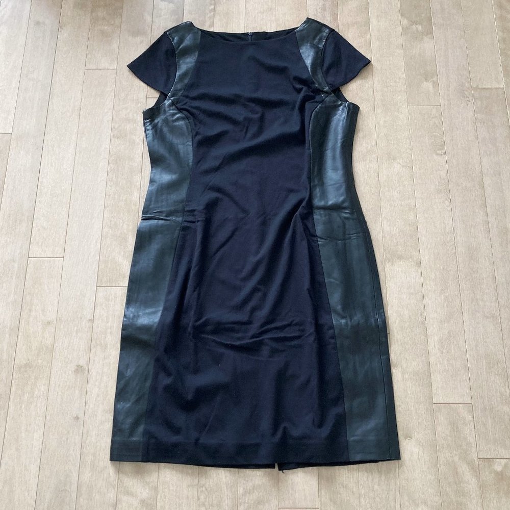 Olsen Europe vegan leather little black dress (size L / 14), short sleeve sheath